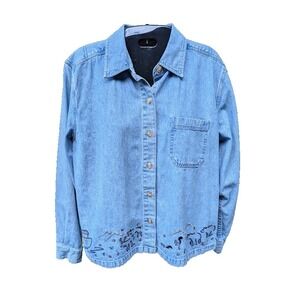 Christopher & Banks Womens Denim Top M Button Embroidered Noahs Arc Animals Cute